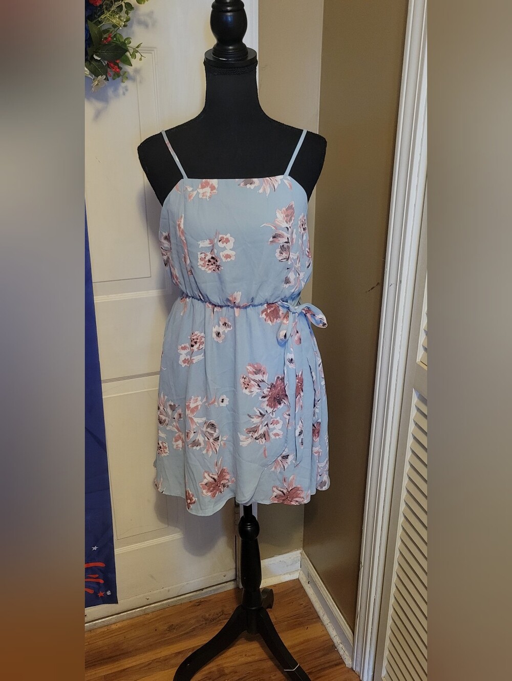 Sienna Sky Light Blue Floral Spaghetti Strap Faux-Wrap Mini Dress, Size Small